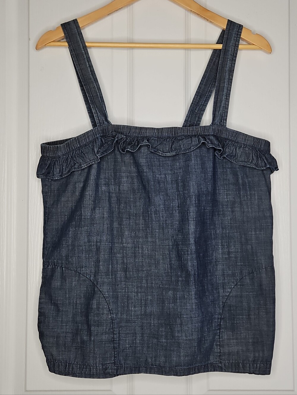 J.CREW Chambray Square Neck Sleeveless Ruffle Tank Top 6 Women Dark Wash Pockets